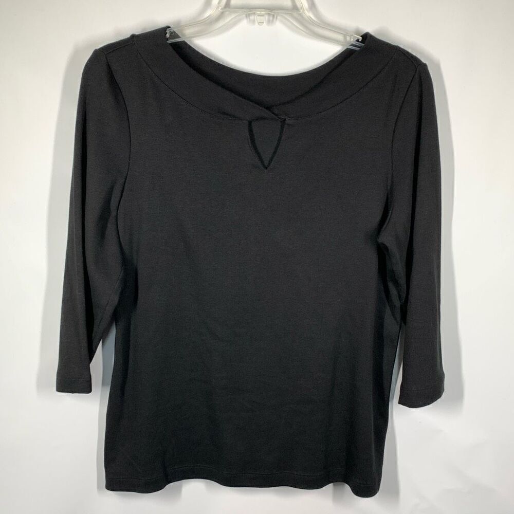Chico's Women's Cotton Pullover Keyhole 3/4 Sleeve Top Black Size Large